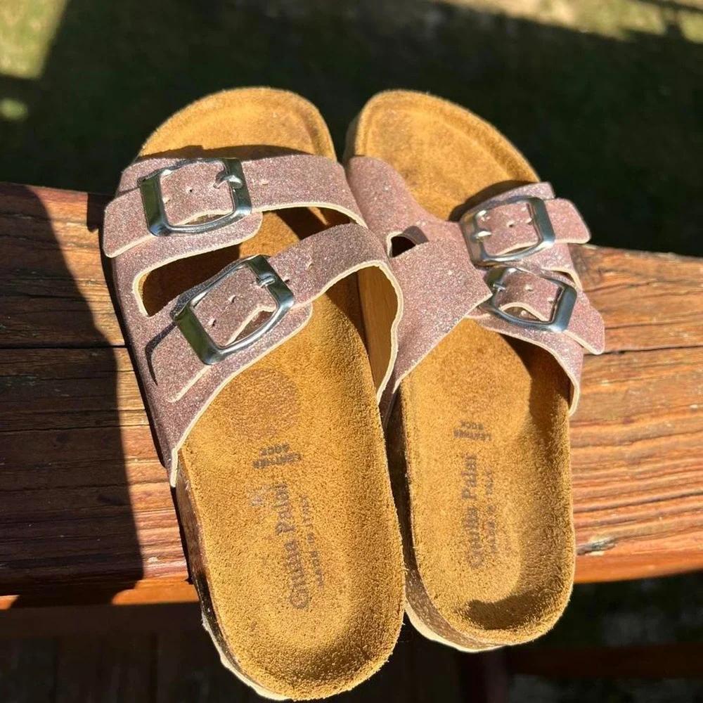 Giulla Palai Youth 1 Pink Glitter Double Strap Cork Bed Slides Sandals
